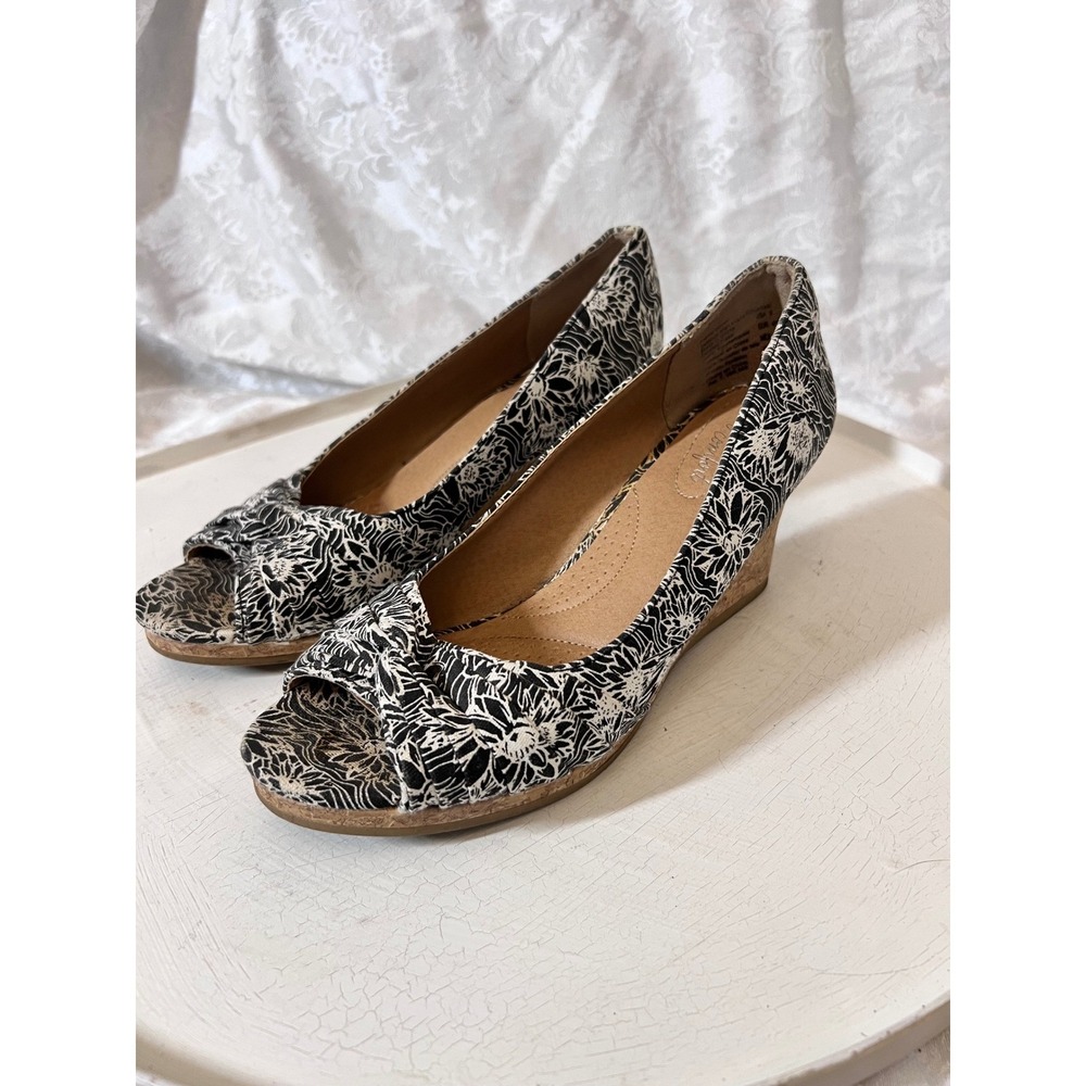 Dexter Comfort Womens Black White Floral Peep Toe Cork Wedge Heels Size 8